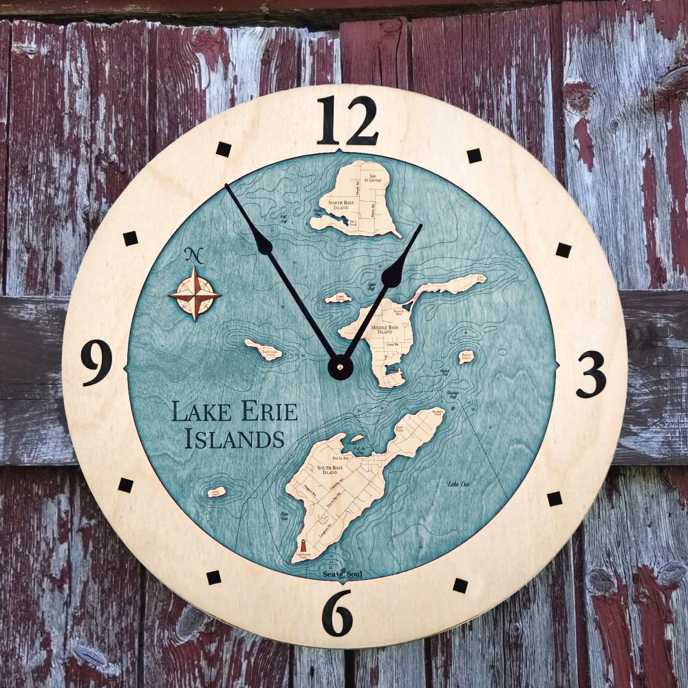 Lake Erie Islands Nautical Clock Birch Accent with Blue Green Water on Fence