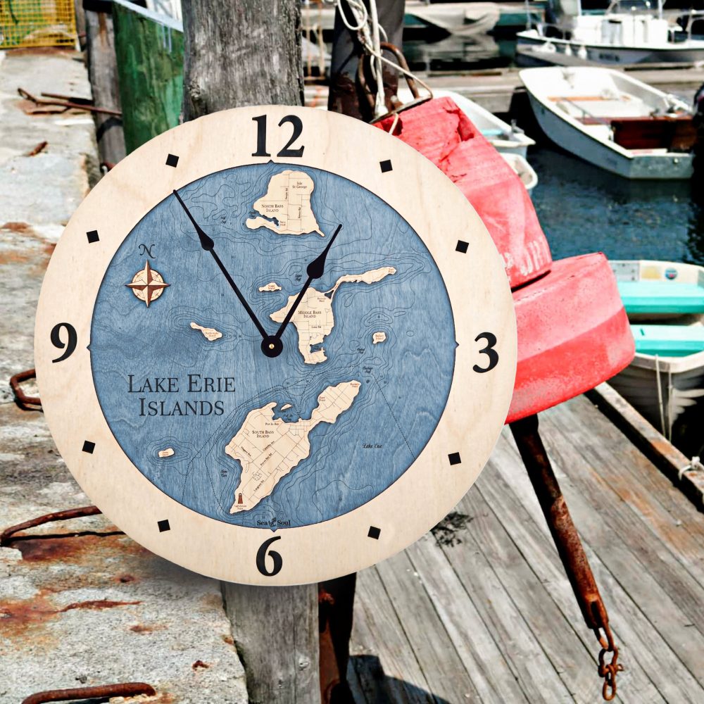 Lake Erie Islands Nautical Clock Birch Accent with Deep Blue Water by Dock