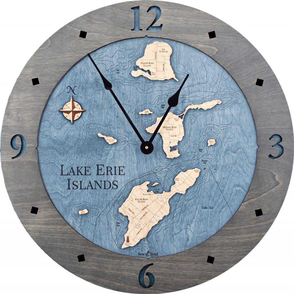 Lake Erie Islands Nautical Clock Driftwood Accent with Deep Blue Water Product Shot