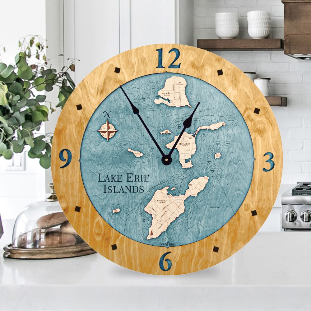 Lake Erie Islands Nautical Clock Honey Accent with Blue Green Water on Countertop