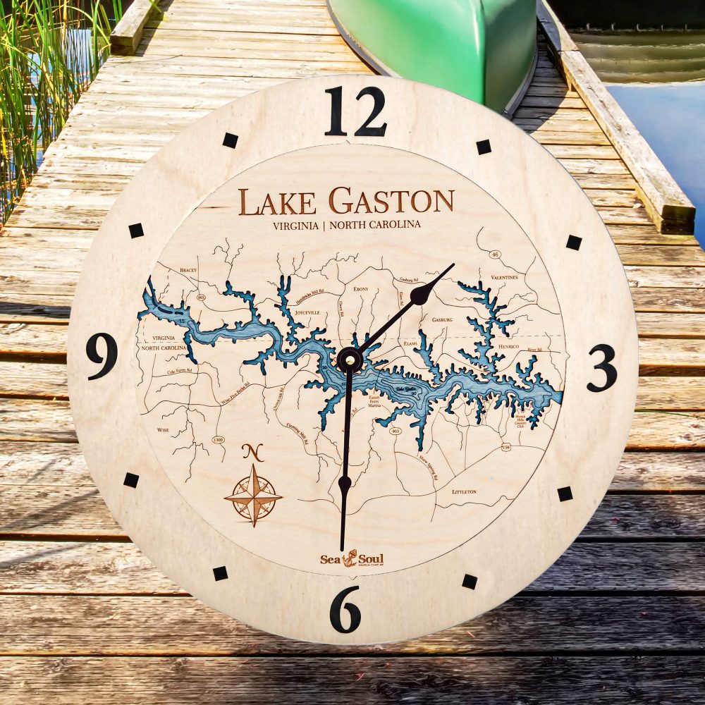 Lake Gaston Nautical Clock Birch Accent with Blue Green Water on Dock by Lake