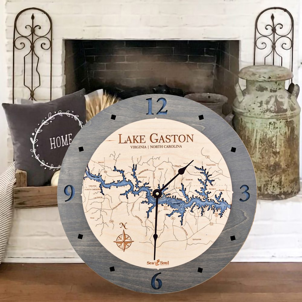 Lake Gaston Nautical Clock Driftwood Accent with Deep Blue Water by Fireplace