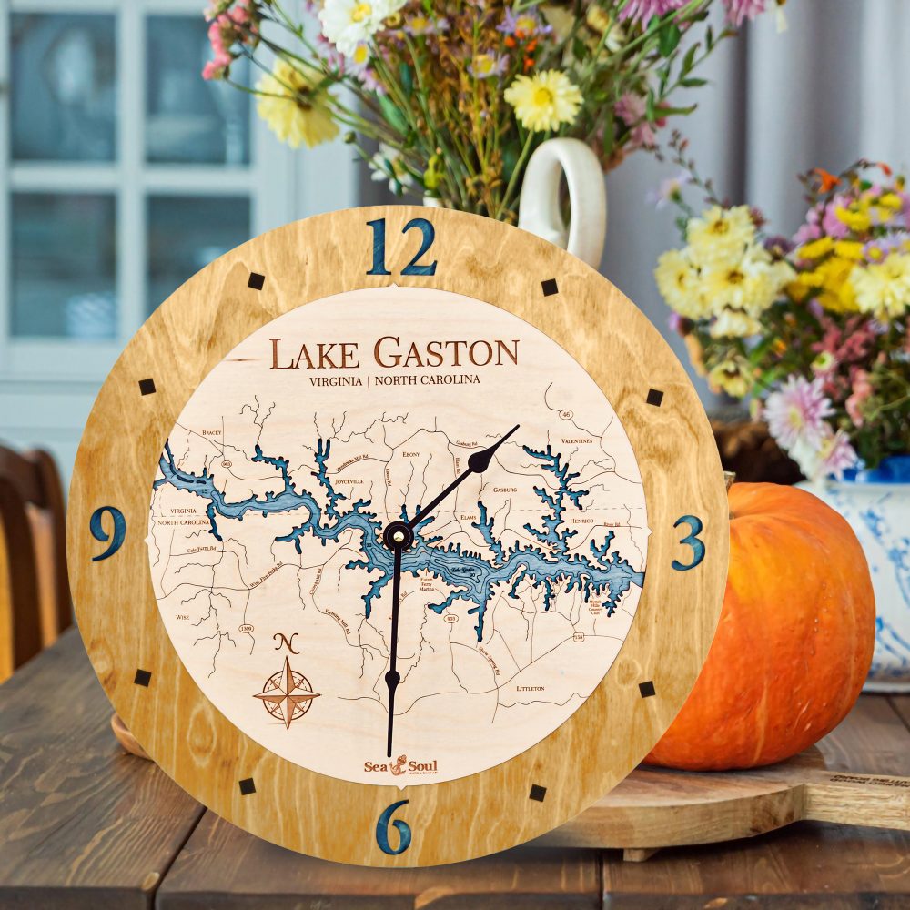 Lake Gaston Nautical Clock Honey Accent with Blue Green Water on Table with Pumpkin
