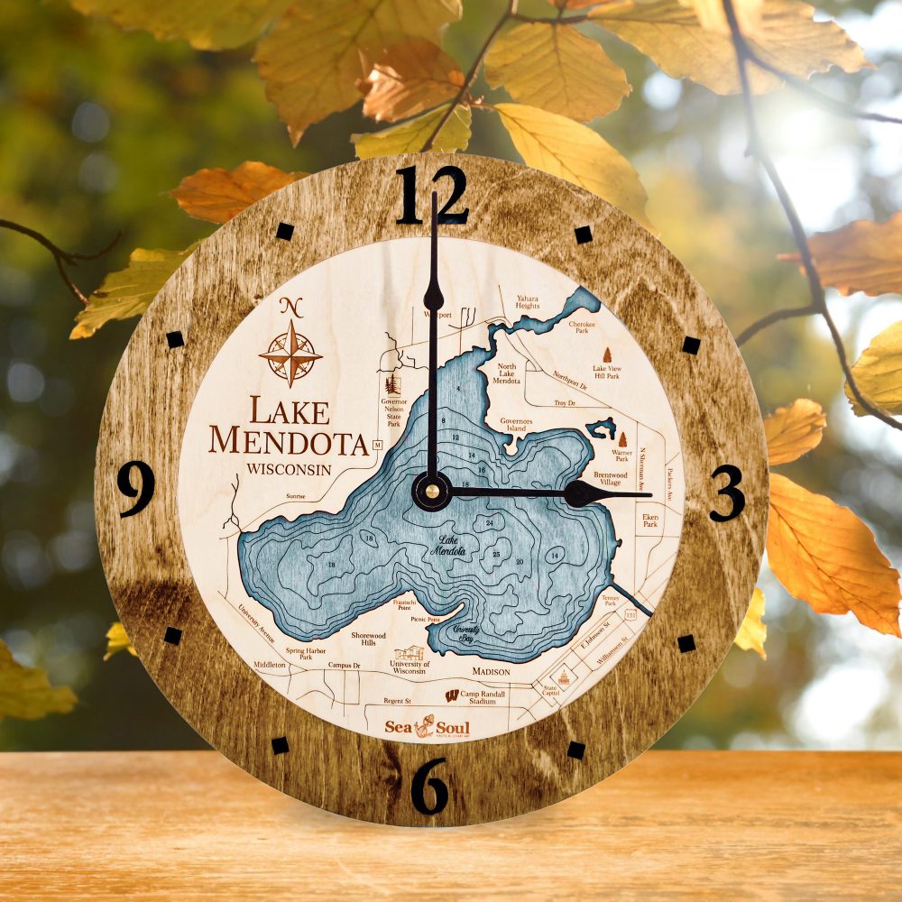 Lake Mendota Nautical Clock Americana Accent with Blue Green Water on Table with Fall Leaves