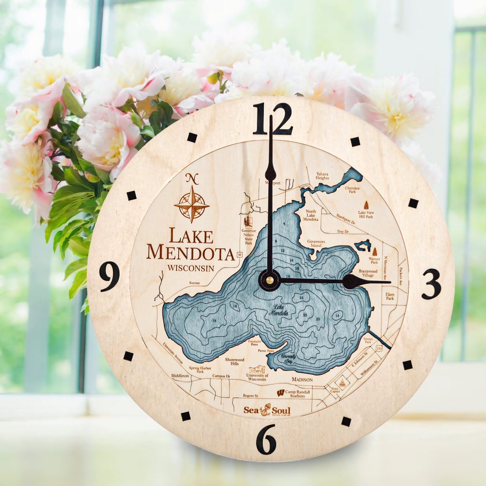 Lake Mendota Nautical Clock Birch Accent with Blue Green Water on Table with Flowers