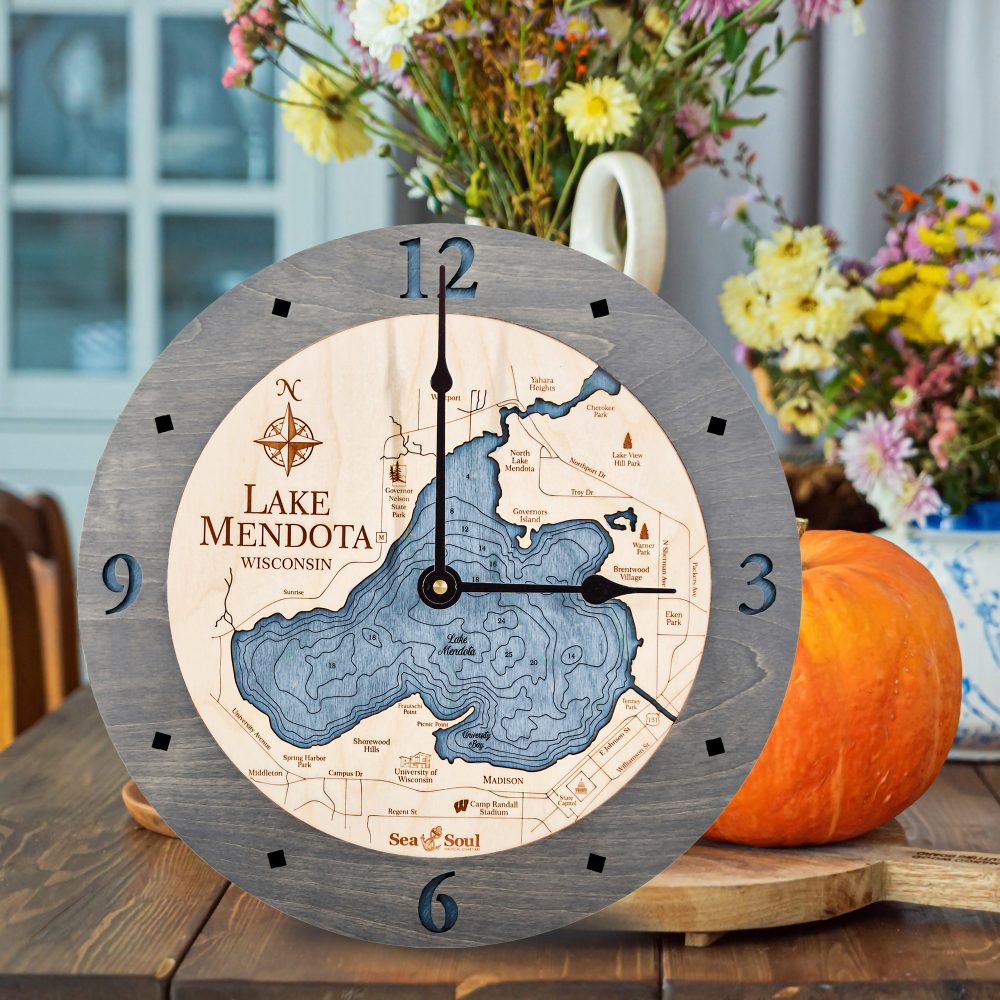 Lake Mendota Nautical Clock Driftwood Accent with Deep Blue Water on Table with Pumpkin