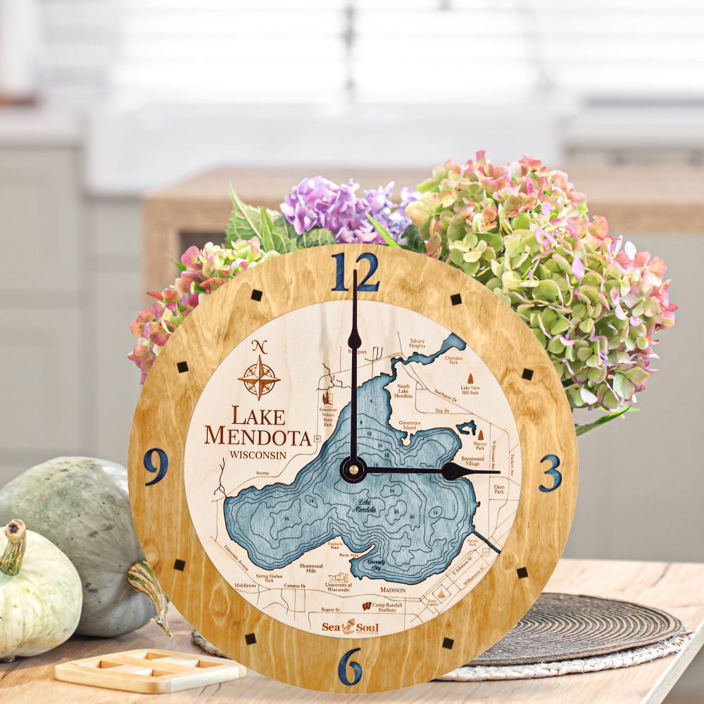 Lake Mendota Nautical Clock Honey Accent with Blue Green Water on Table with Flowers
