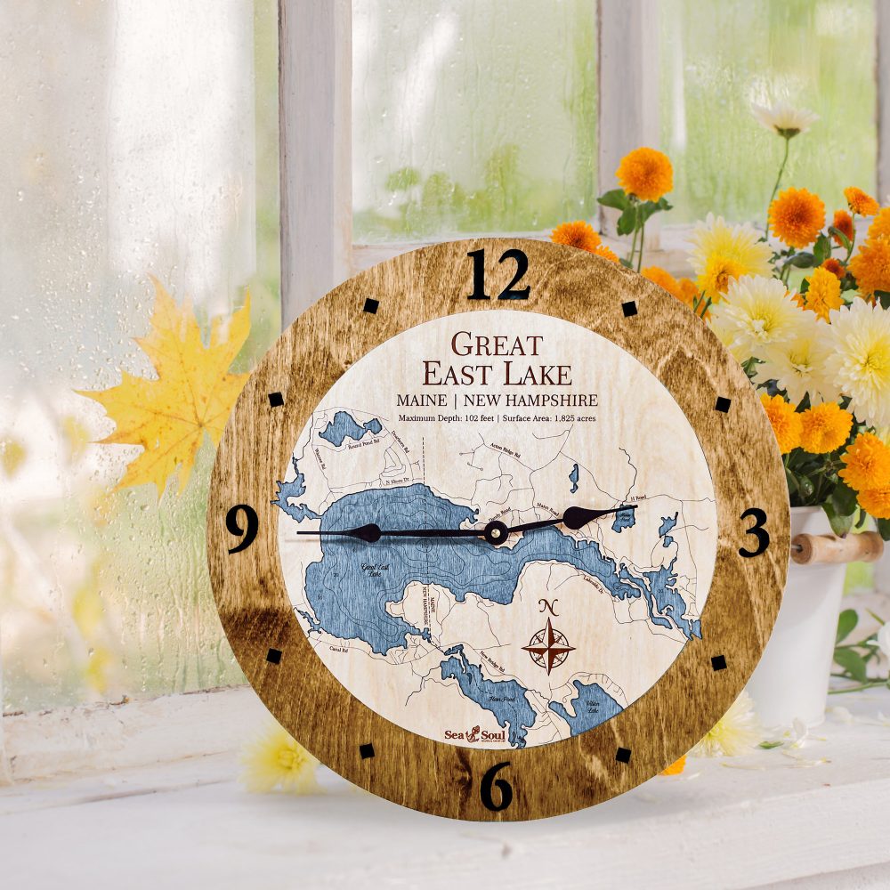 Great East Lake Nautical Clock Americana Accent with Deep Blue Water by Windowsill with Flowers