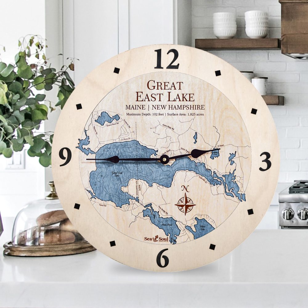 Great East Lake Nautical Clock Birch Accent with Deep Blue Water on Counter Top