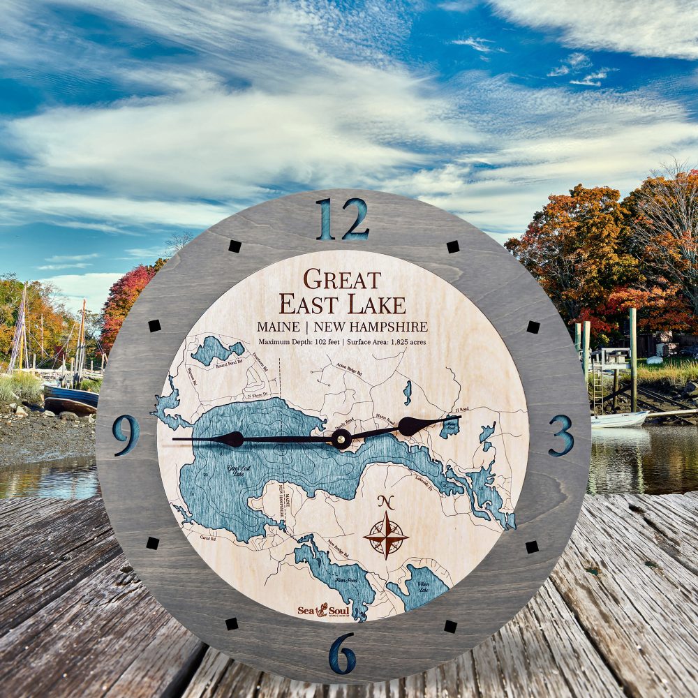 Great East Lake Nautical Clock Driftwood Accent with Blue Green Water on Deck