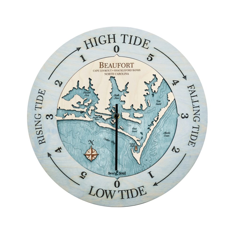 Beaufort North Carolina Tide Clock Bleach Blue Accent with Blue Green Water