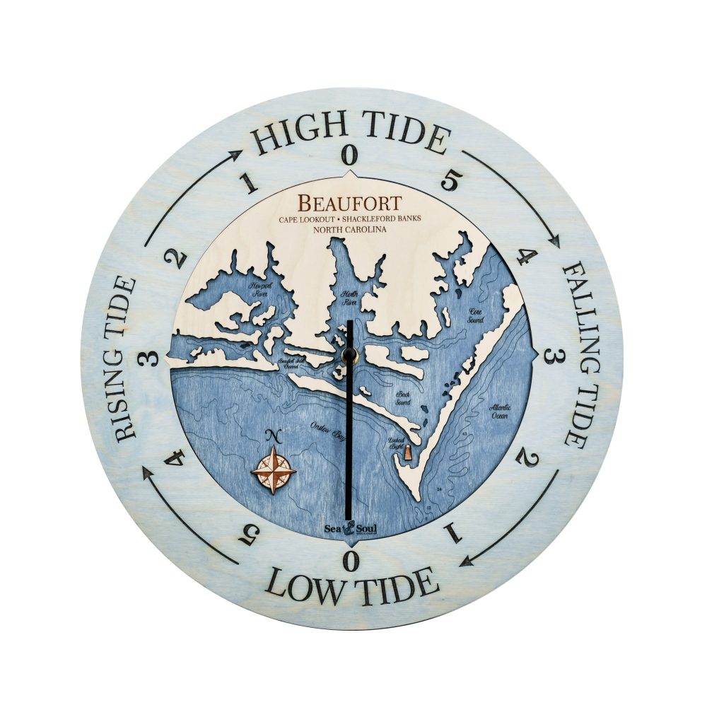 Beaufort North Carolina Tide Clock Bleach Blue Accent with Deep Blue Water