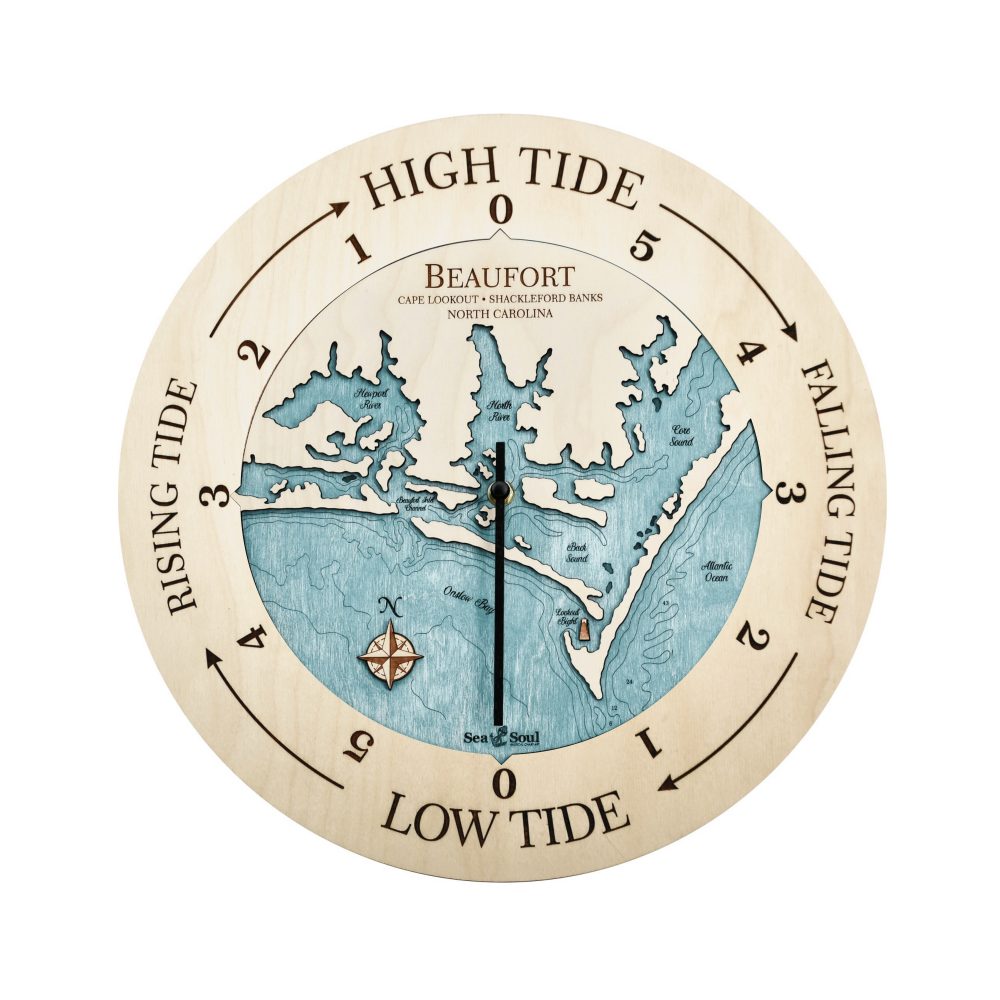 Beaufort North Carolina Tide Clock Birch Accent with Blue Green Water