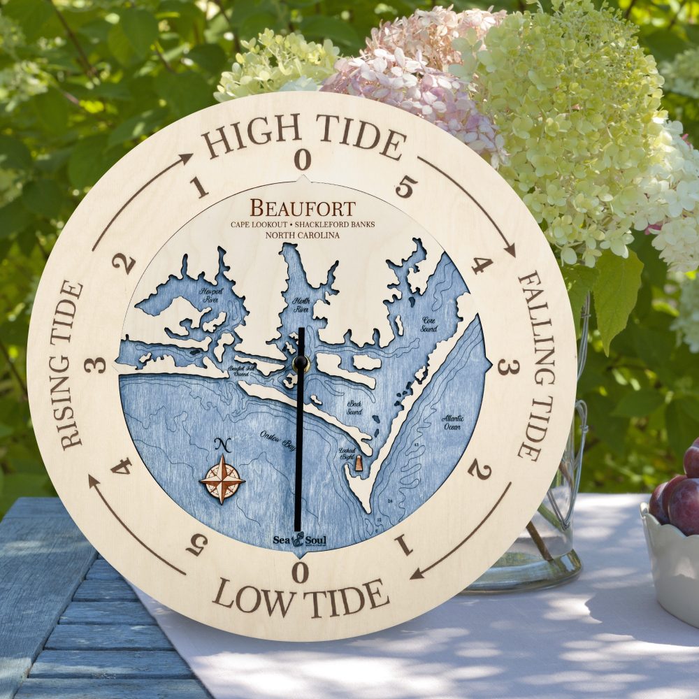 Beaufort North Carolina Tide Clock in all Birch with Deep Blue Water with flowers