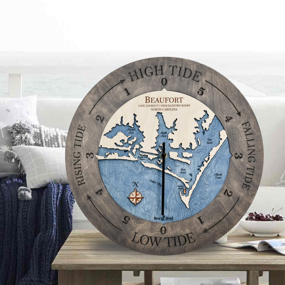 Beaufort North Carolina Tide Clock in Driftwood with Deep Blue Water on back porch