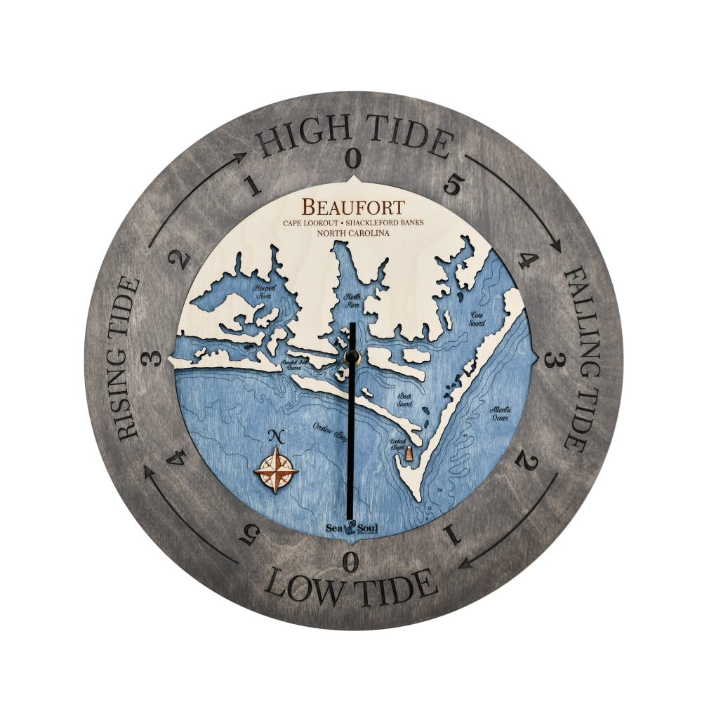 Beaufort North Carolina Tide Clock in Driftwood with Deep Blue Water