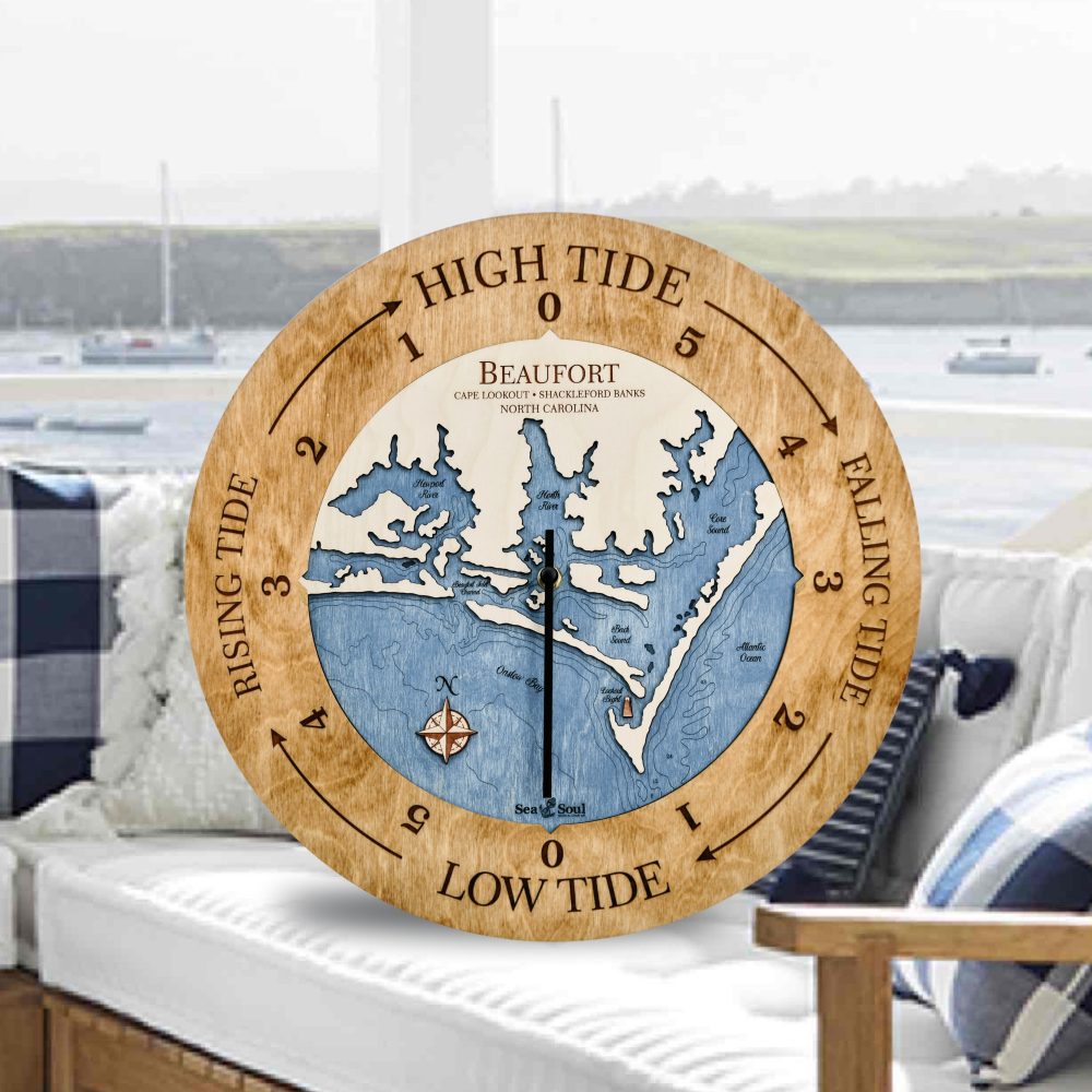 Beaufort North Carolina Tide Clock in Golden Honey with Deep Blue Water on dock