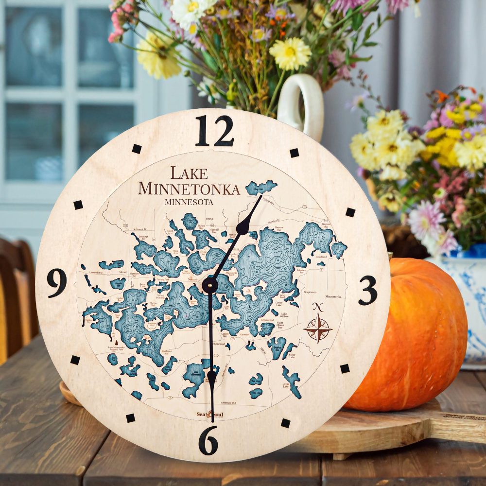 Lake Minnetonka Nautical Clock Birch Accent with Blue Green Water on Table with Pumpkin