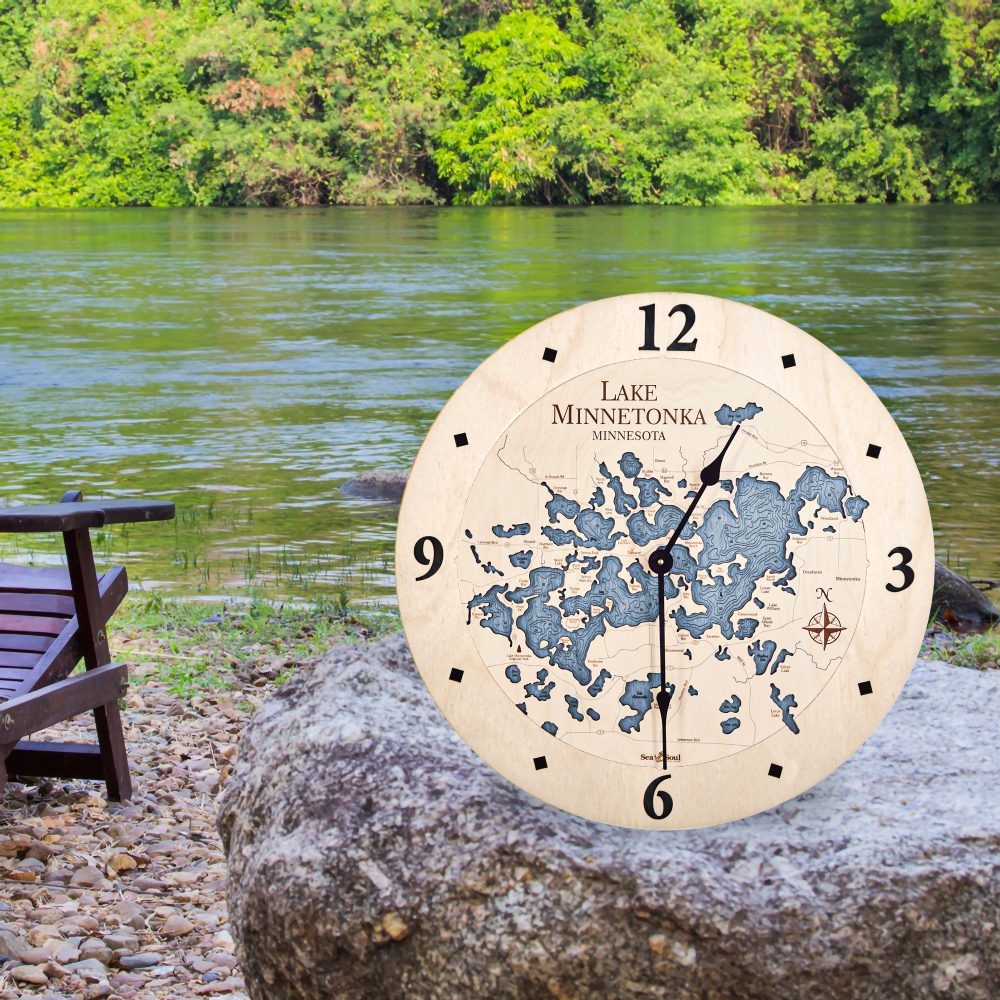Lake Minnetonka Nautical Clock Birch Accent with Deep Blue Water on Rock by Lake