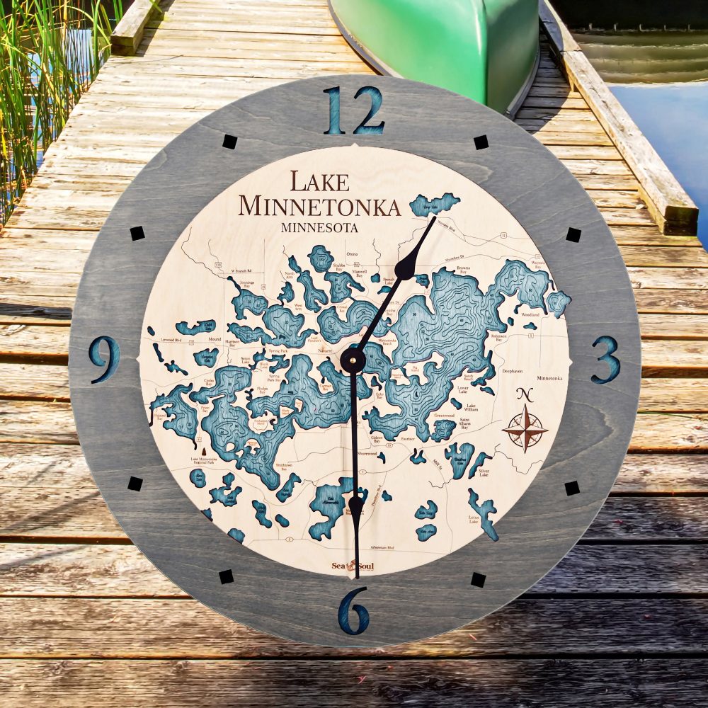 Lake Minnetonka Nautical Clock Driftwood Accent with Blue Green Water on Dock