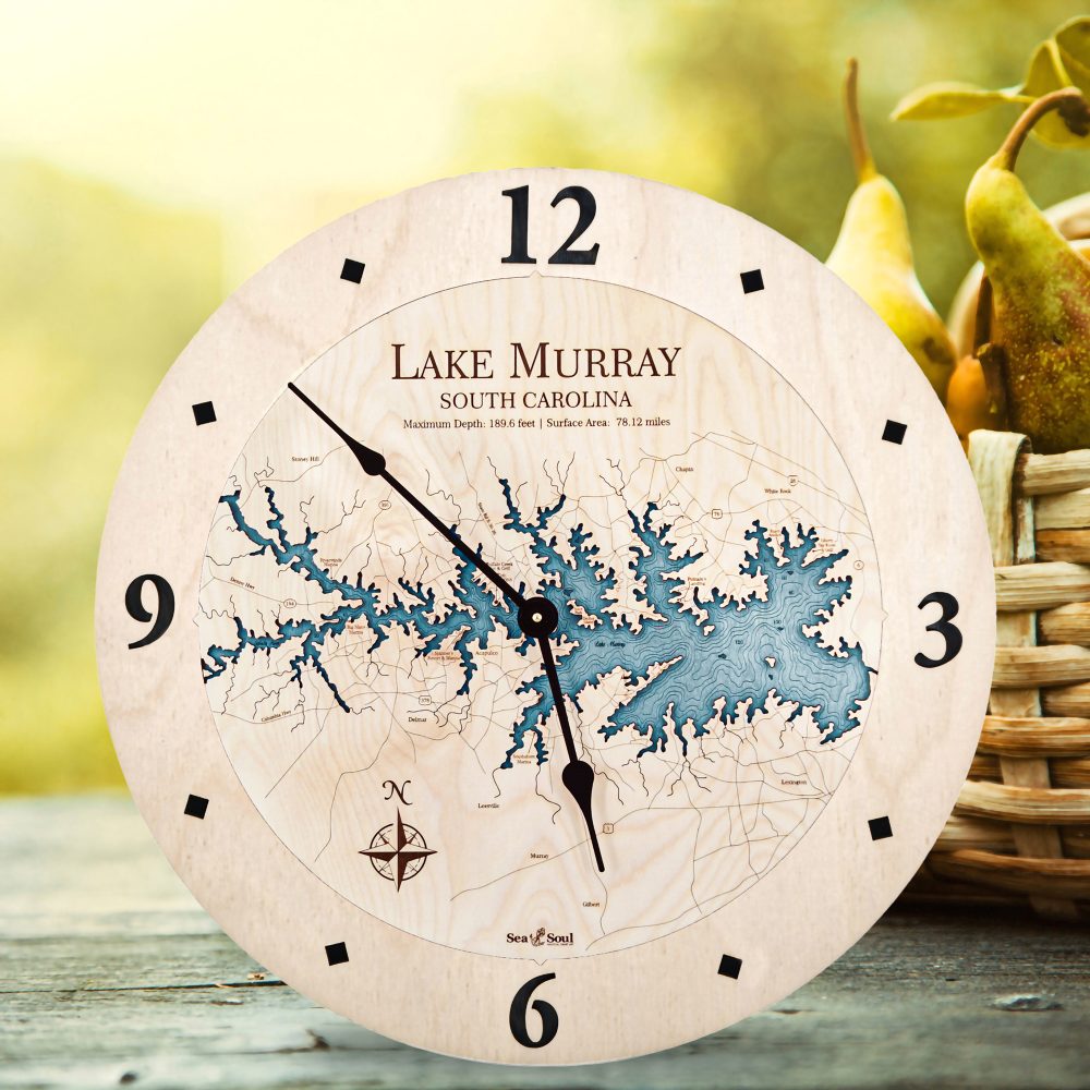 Lake Murray Nautical Clock Birch Accent with Blue Green Water on Table with Basket