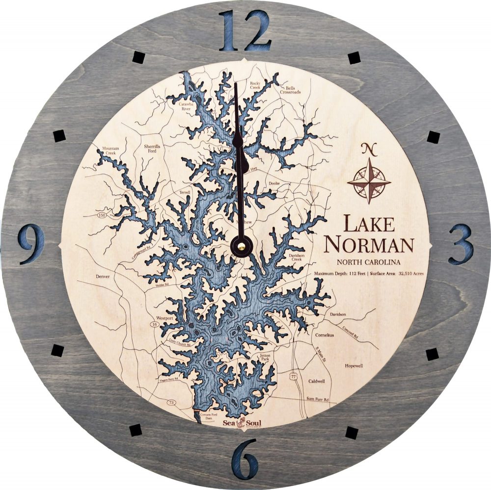 Lake Norman Nautical Clock Driftwood Accent with Deep Blue Water Product Shot