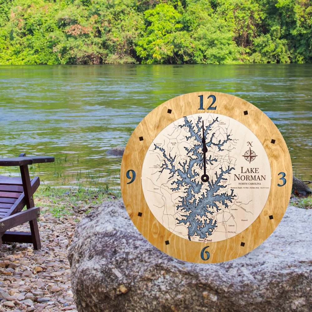 Lake Norman Nautical Clock Honey Accent with Deep Blue Water on Rock by Lake