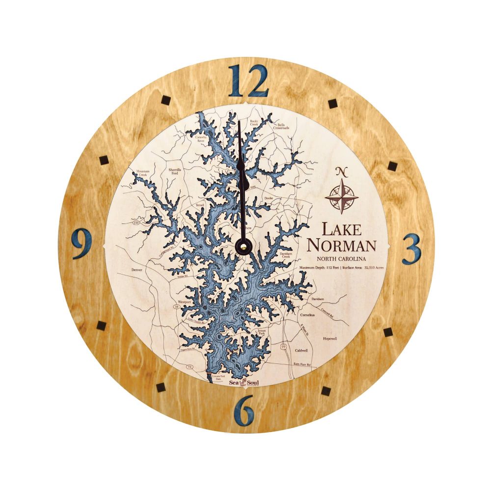 Lake Norman Nautical Clock Honey Accent with Deep Blue Water