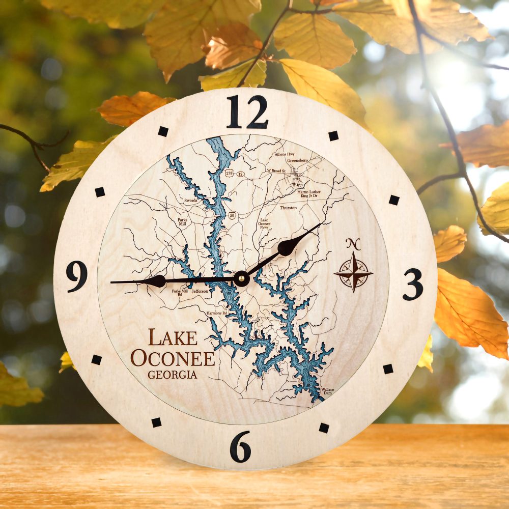Lake Oconee Nautical Clock Birch Accent with Blue Green Water on Table by Fall Leaves