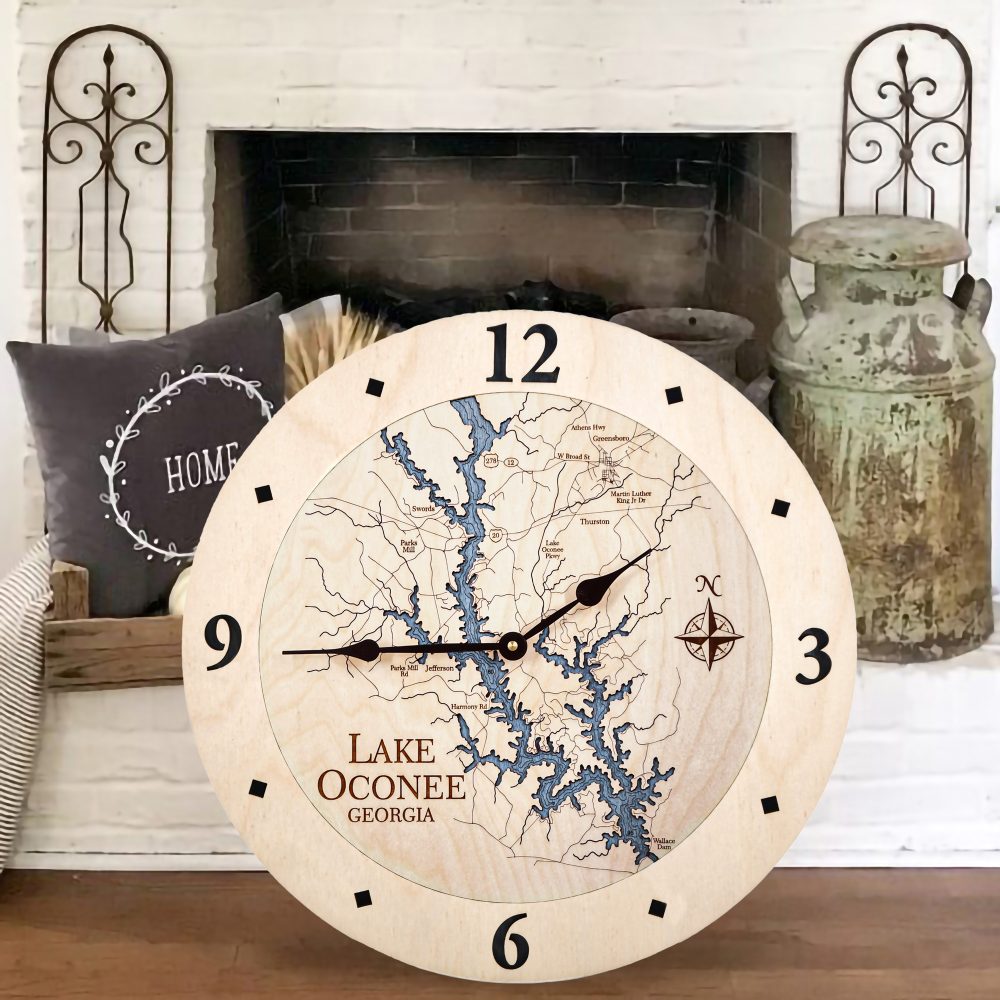 Lake Oconee Nautical Clock Birch Accent with Deep Blue Water by Fireplace