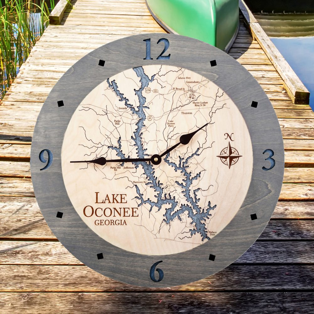 Lake Oconee Nautical Clock Driftwood Accent with Deep Blue Water on Dock