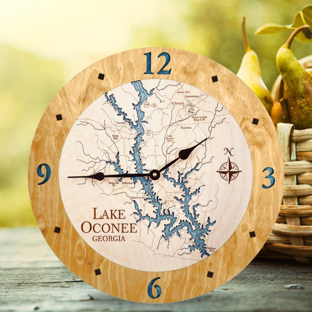 Lake Oconee Nautical Clock Honey Accent with Blue Green Water on Table with Basket of Pears