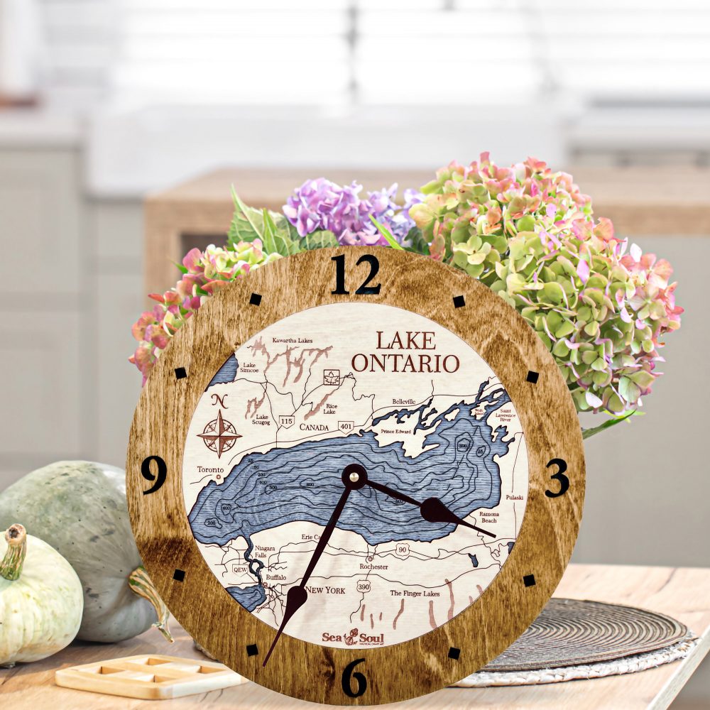 Lake Ontario Nautical Clock Americana Accent with Deep Blue Water on Table with Flowers
