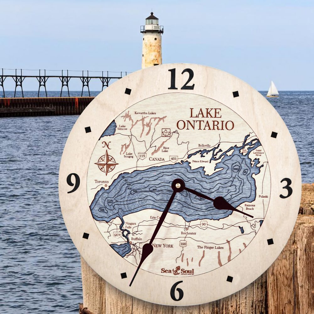 Lake Ontario Nautical Clock Birch Accent with Deep Blue Water by Waterfront with Lighthouse