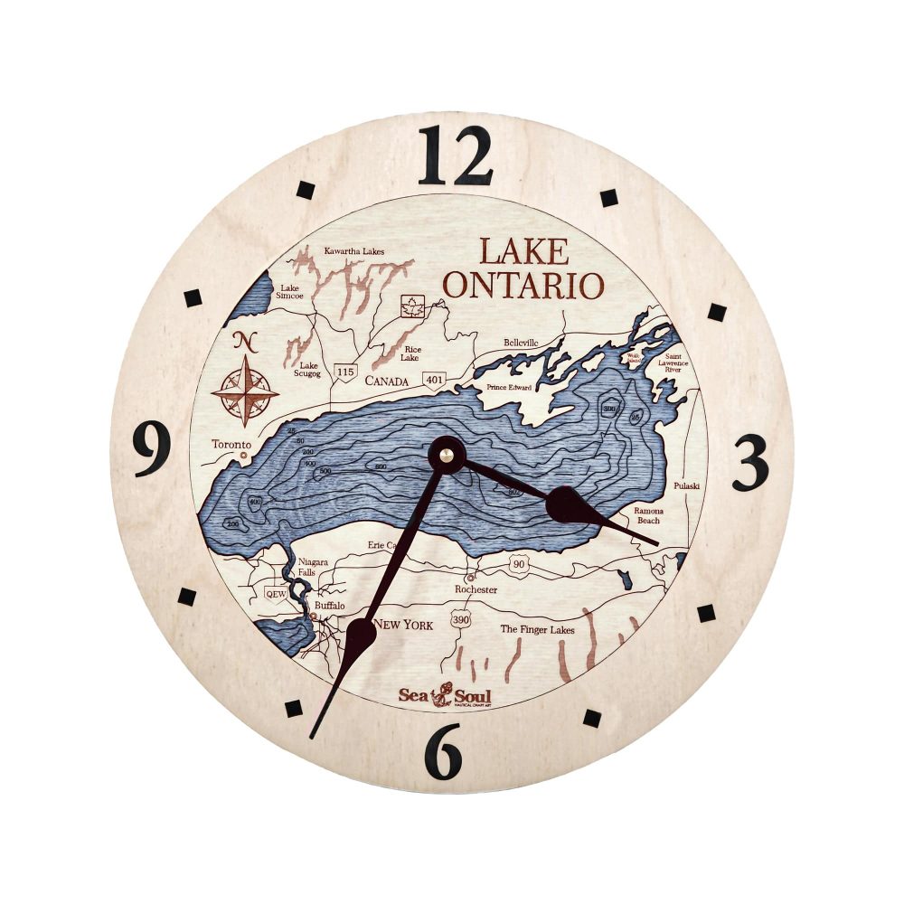 Lake Ontario Nautical Clock Birch Accent with Deep Blue Water by Waterfront