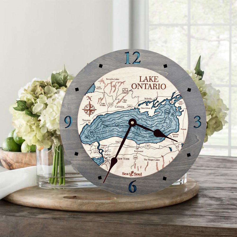 Lake Ontario Nautical Clock Driftwood Accent with Blue Green Water on Table with Flowers