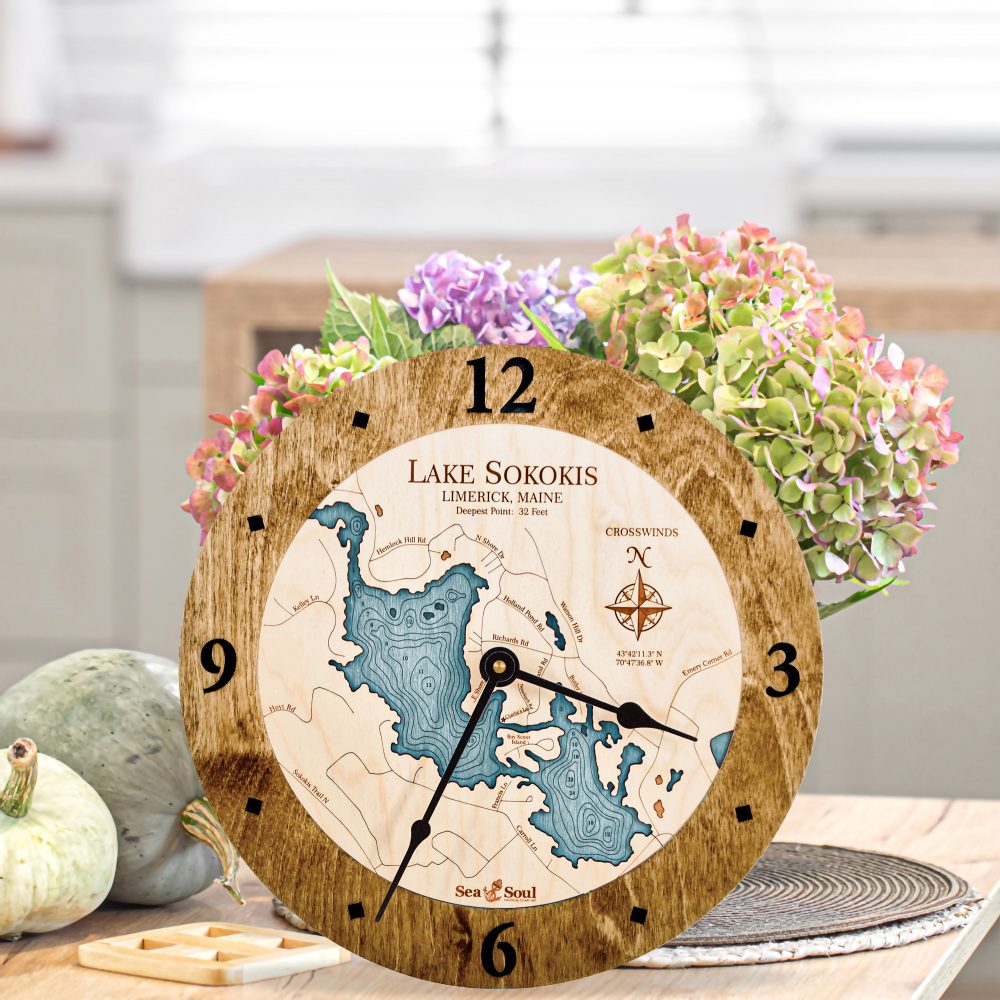 Lake Sokokis Nautical Clock Americana Accent with Blue Green Water on Table with Flowers