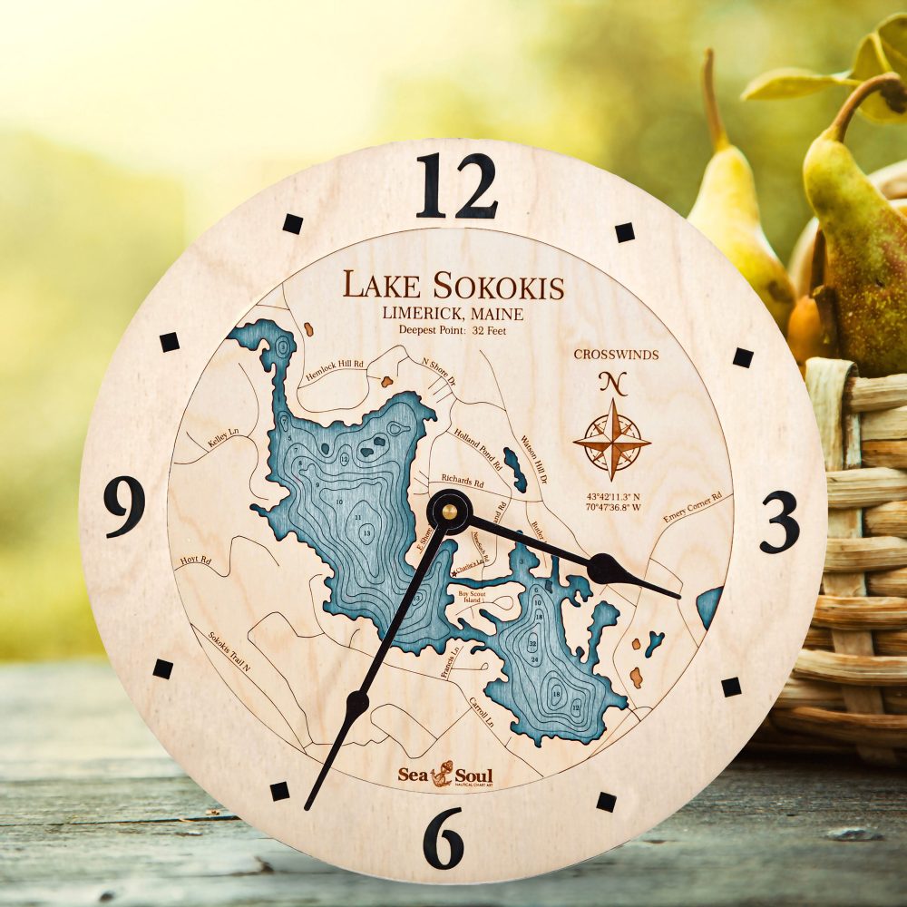 Lake Sokokis Nautical Clock Birch Accent with Blue Green Water on Table with Basket of Pears