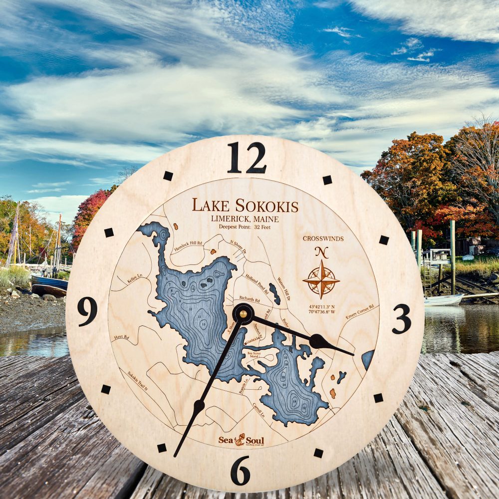 Lake Sokokis Nautical Clock Birch Accent with Deep Blue Water on Dock