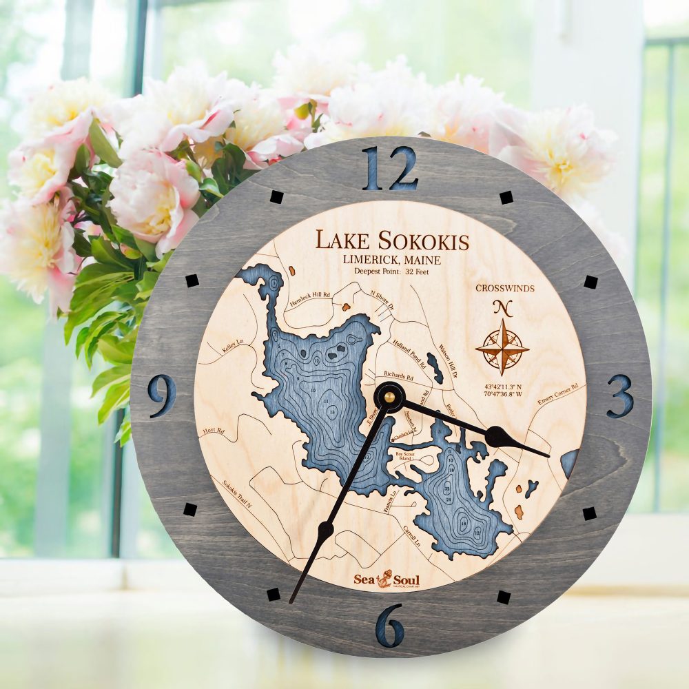Lake Sokokis Nautical Clock Driftwood Accent with Deep Blue Water on Table with Flowers