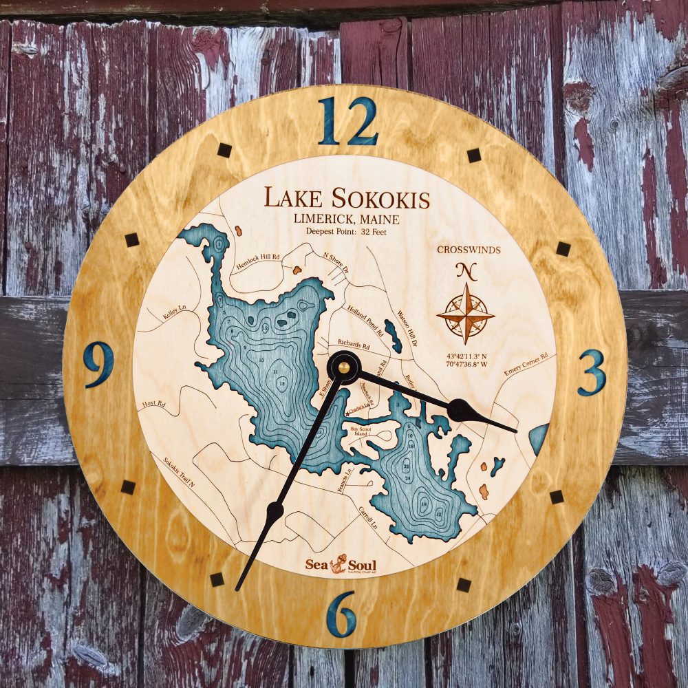 Lake Sokokis Nautical Clock Honey Accent with Blue Green Water on Fence