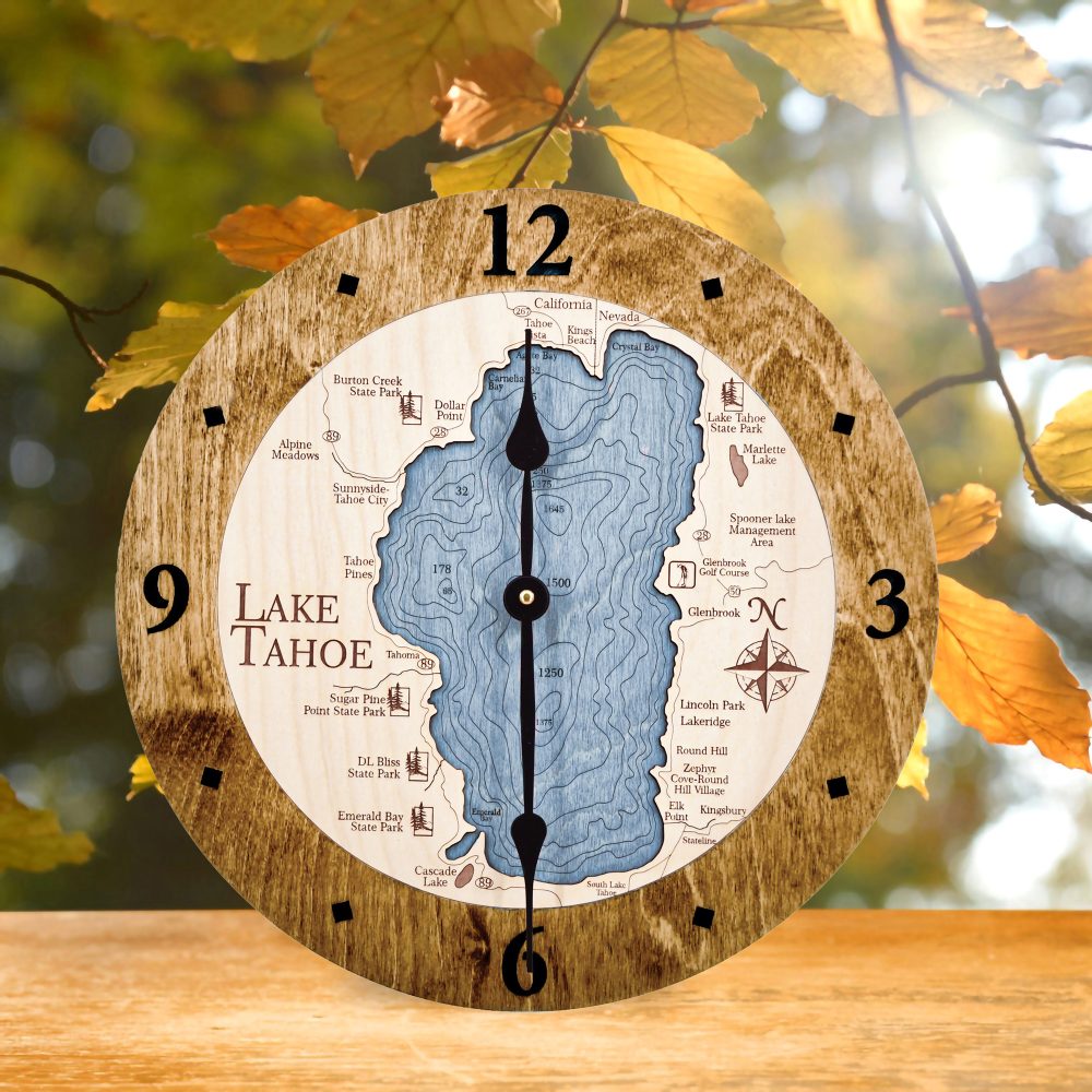 Lake Tahoe Nautical Clock Americana Accent with Deep Blue Water on Table by Fall Leaves