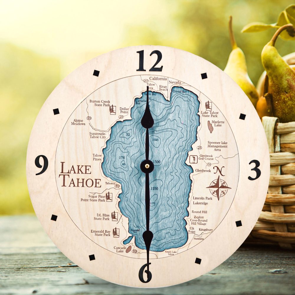 Lake Tahoe Nautical Clock Birch Accent with Blue Green Water on Table with Basket of Pears
