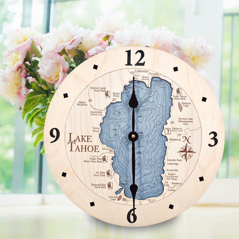 Lake Tahoe Nautical Clock Birch Accent with Deep Blue Water on Table with Flowers