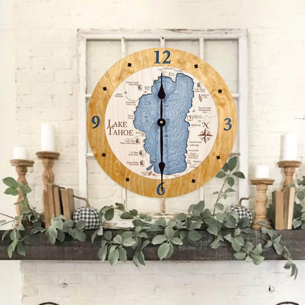 Lake Tahoe Nautical Clock Honey Accent with Deep Blue Water on Wall