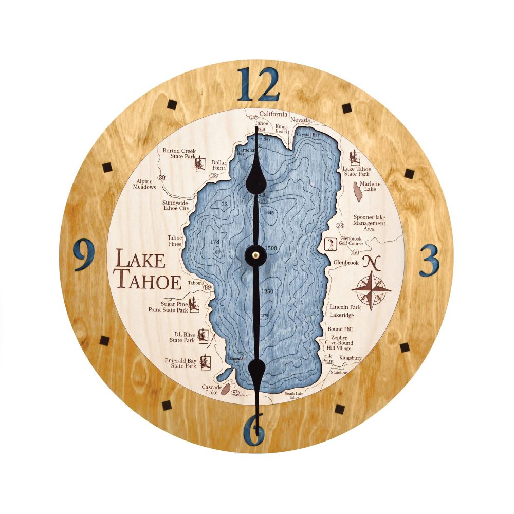 Lake Tahoe Nautical Clock Honey Accent with Deep Blue Water