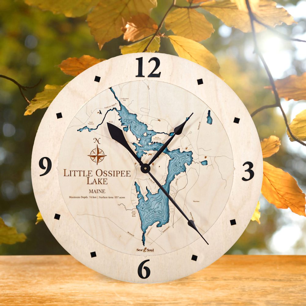 Little Ossipee Lake Nautical Clock Birch Accent with Blue Green Water on Table by Fall Leaves