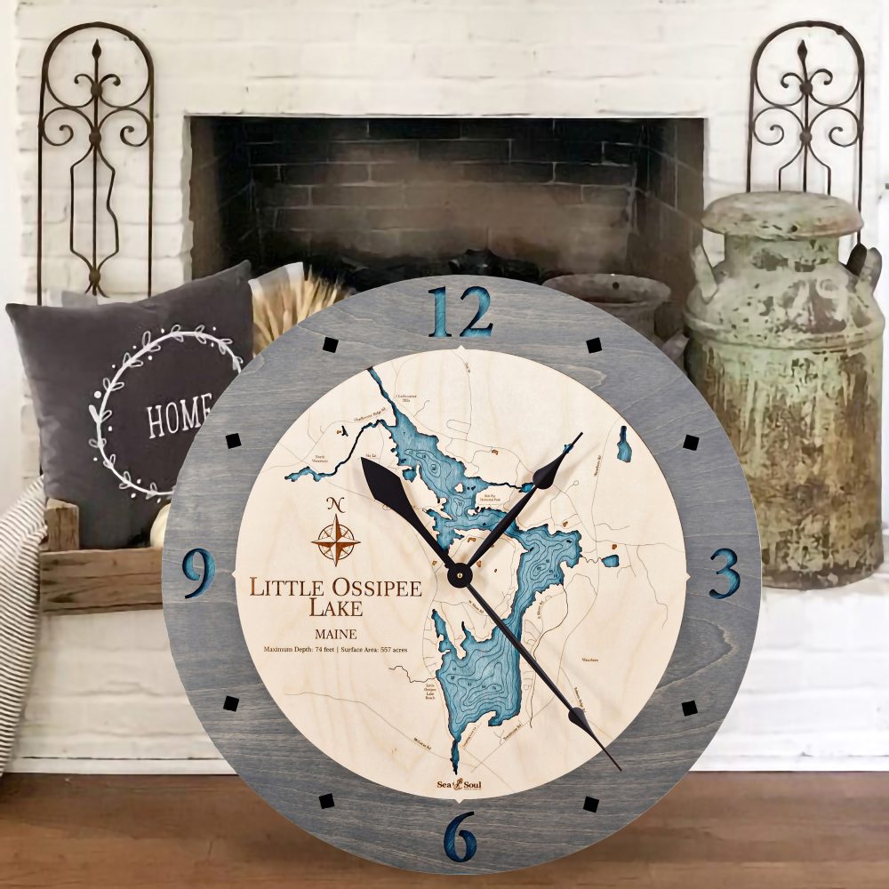 Little Ossipee Lake Nautical Clock Driftwood Accent with Blue Green Water by Fireplace