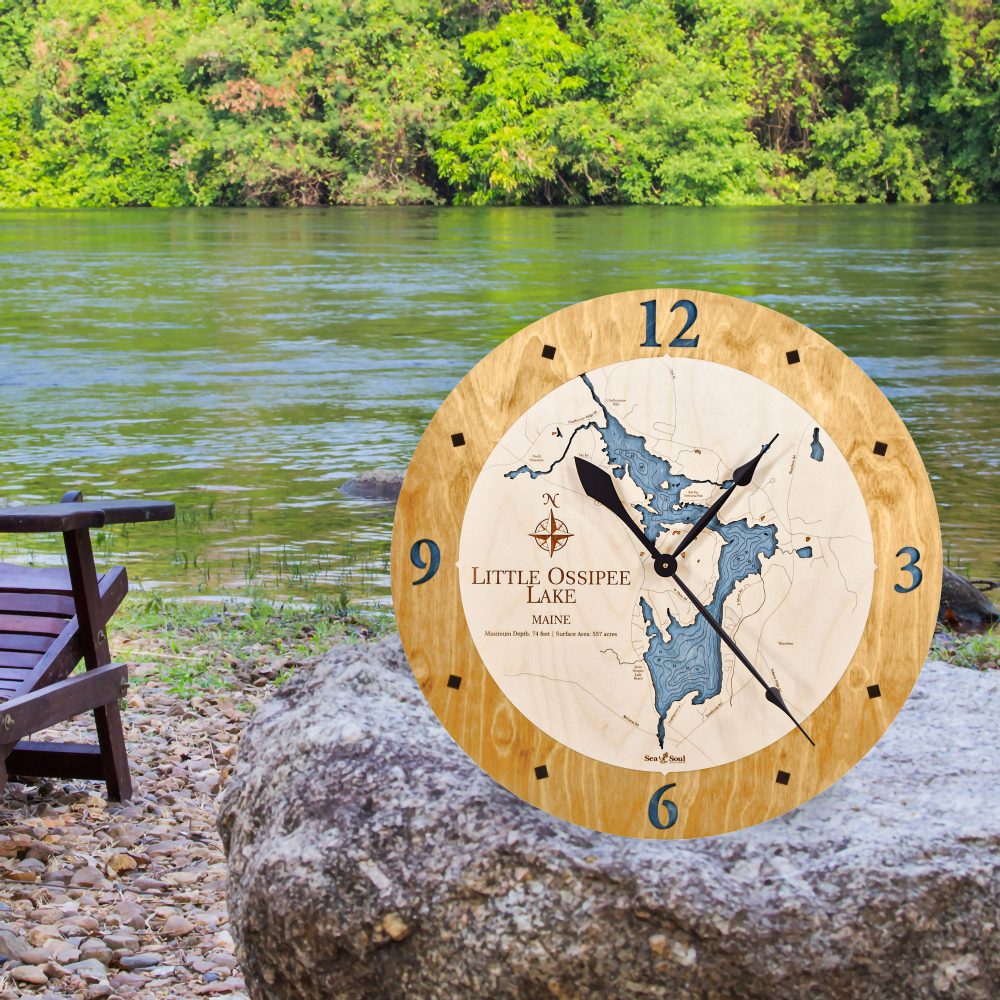 Little Ossipee Lake Nautical Clock Honey Accent with Deep Blue Water on Rock by Lake