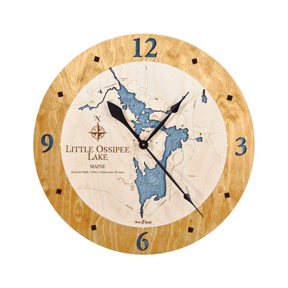Little Ossipee Lake Nautical Clock Honey Accent with Deep Blue Water